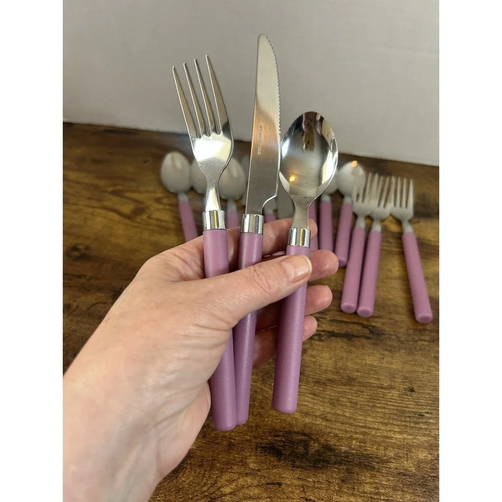 Vintage Style 15Pc Pink Flatware Set 1810 Stainless Steel Retro Mauve Handle Set